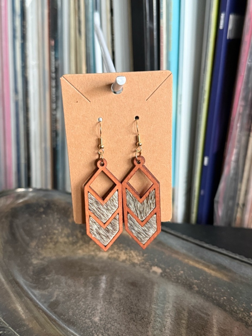 Rock & Vibe Chevron Wood Hair-On Hide Pony Earrings Boho Hippie Western Brown
